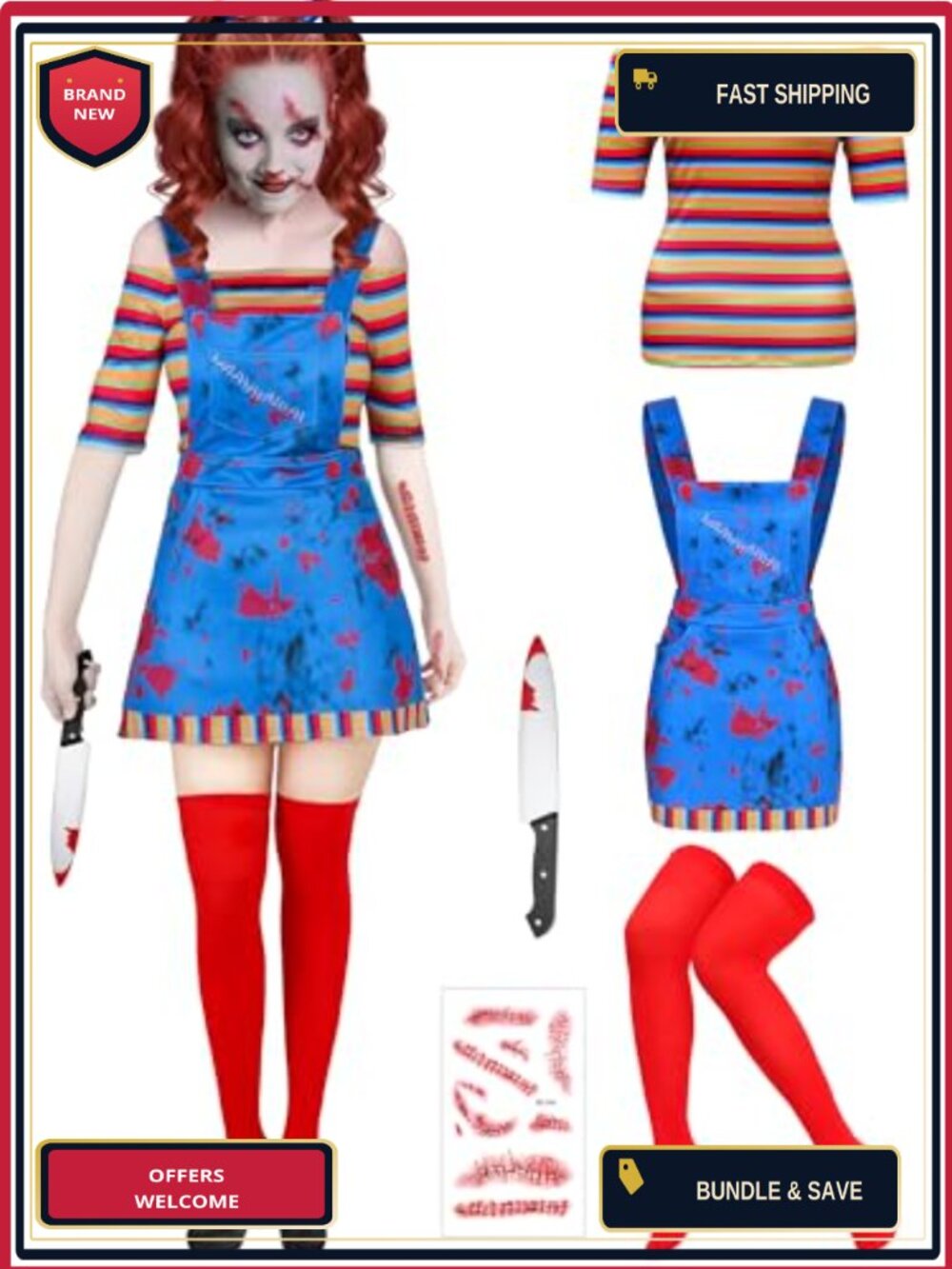 Killer Doll Halloween Costume Set 5 Pcs Cosplay Outfit Dress Shirt